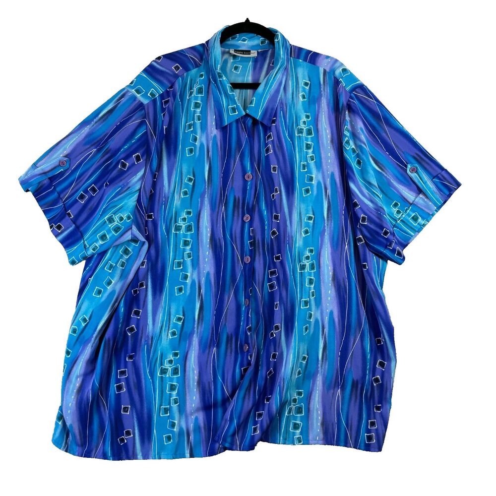 Maggie Barnes Shirt Women 4X Blue Purple Abstract Short Sleeve Buttons Plus Size